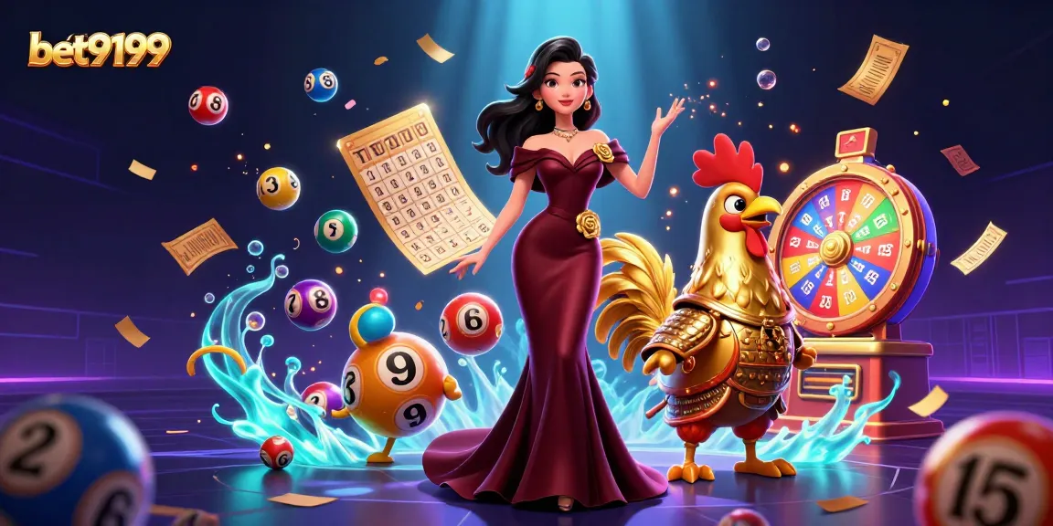 bet9199 offers a vibrant scene of a glamorous woman and samurai rooster warrior amidst colorful lottery balls and game elements.