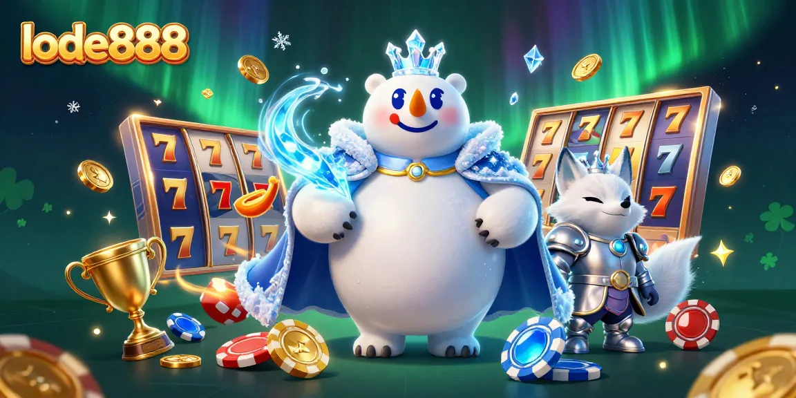 Engage with lode888 in this vibrant 3D casino illustration featuring slots, polar bear, and fox.