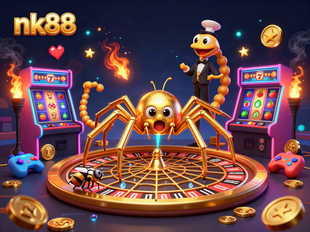 Bet on nk88 with a 3D spider-themed roulette wheel and vibrant gaming elements.