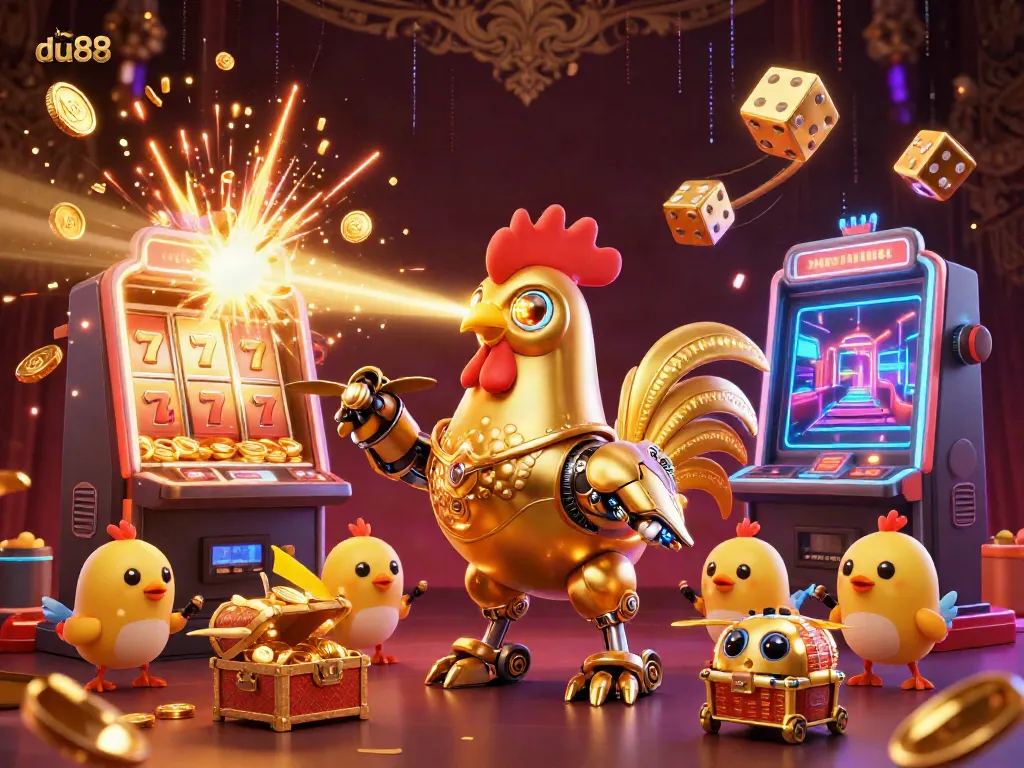 Engage with du88's exciting gambling scene featuring a golden rooster robot amidst a jackpot explosion and vibrant casino elements.