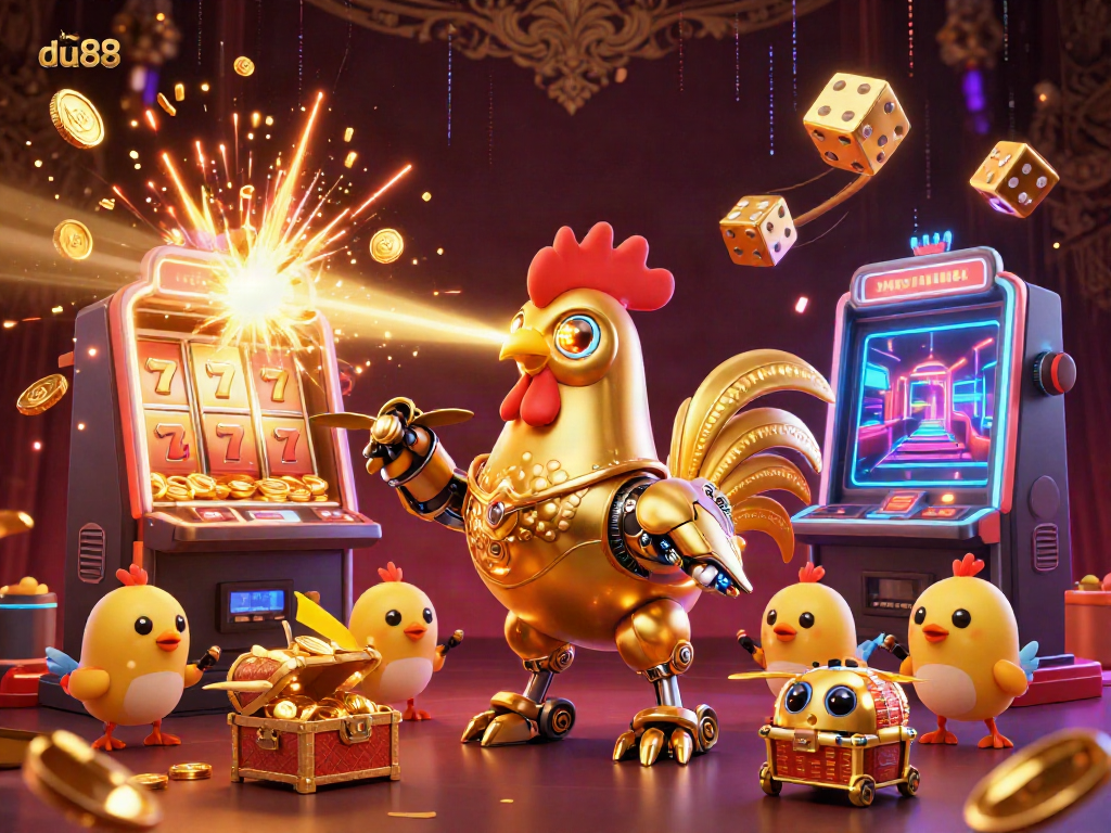 Engage with du88's exciting gambling scene featuring a golden rooster robot amidst a jackpot explosion and vibrant casino elements.