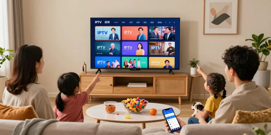 Família assistindo IPTV no sofá, interagindo com o melhorbraziliptv.