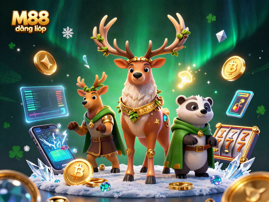 M88 đăng nhập plays with 3D Celtic druid and badger among glowing coins and slot reels, showcasing casino excitement.