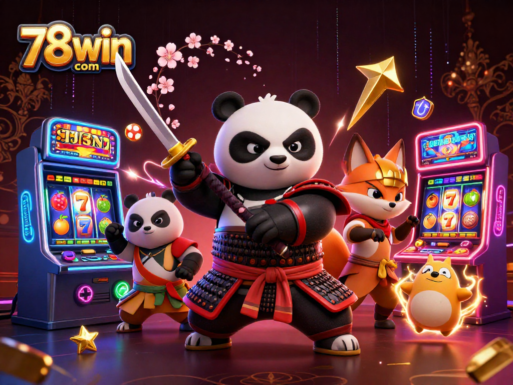 Win big at 78win com with a vibrant 3D illustration of a samurai panda, ninja fox, and a magical tanuki amidst dynamic casino themes.