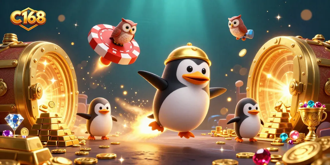 C168 slot-driven adventure featuring a golden penguin soaring towards a poker chip casino with riches.