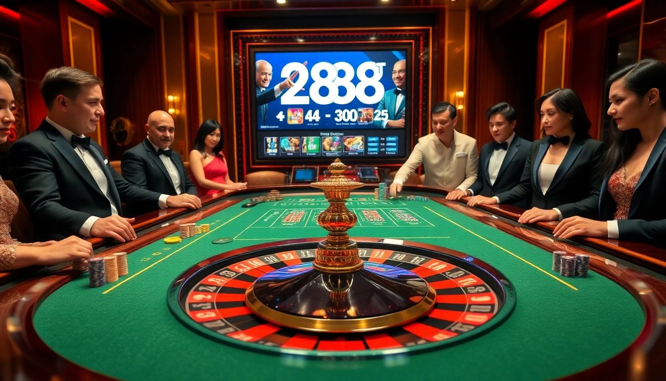 Experience the thrill of winning at 288T with a luxurious casino setting featuring roulette and poker tables.