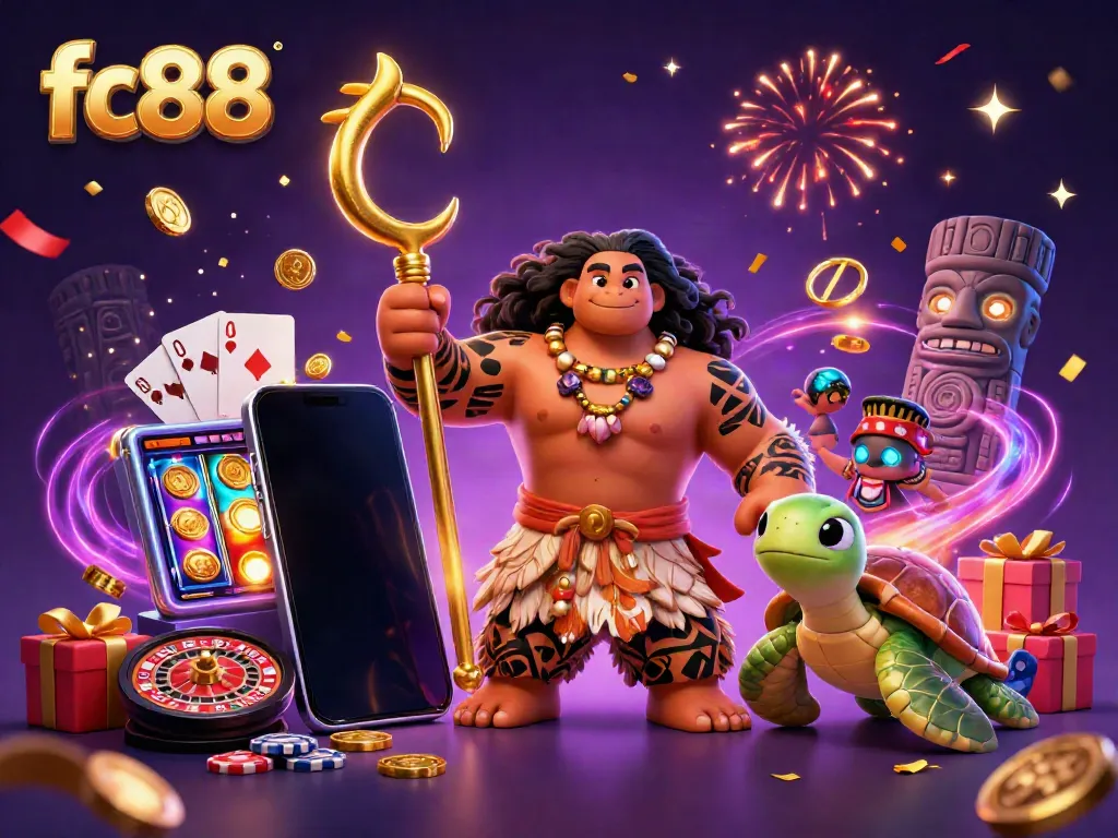 Experience the excitement of fc88 with a vibrant 3D scene featuring a demigod and animated casino elements.