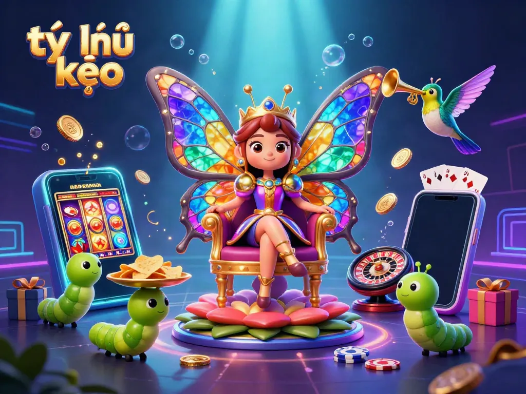 Engage with tỷ lệ kèo as a vibrant butterfly queen delights in a 3D casino scene filled with colorful game elements.