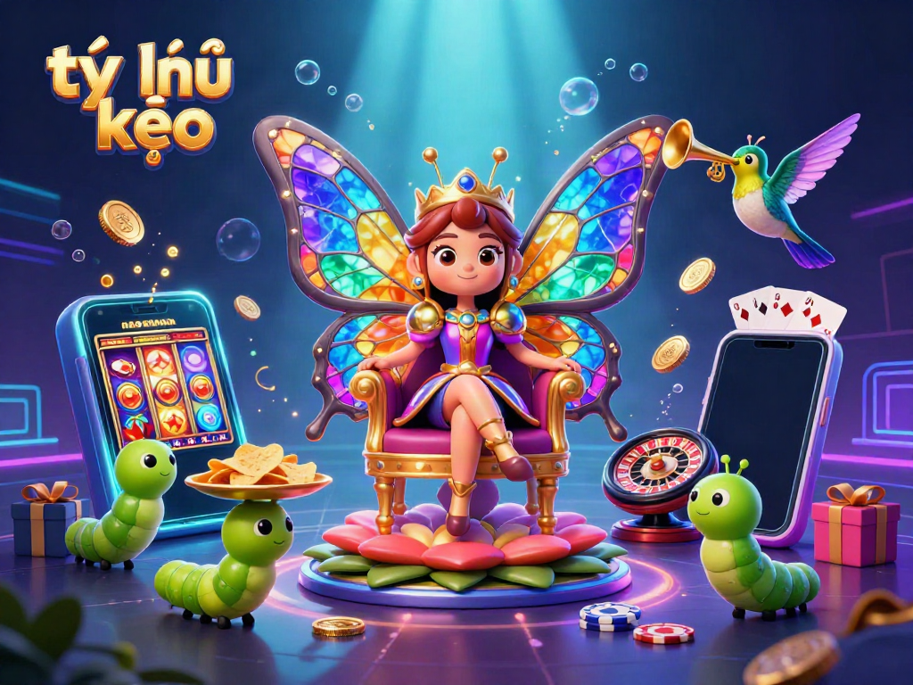 Engage with tỷ lệ kèo as a vibrant butterfly queen delights in a 3D casino scene filled with colorful game elements.