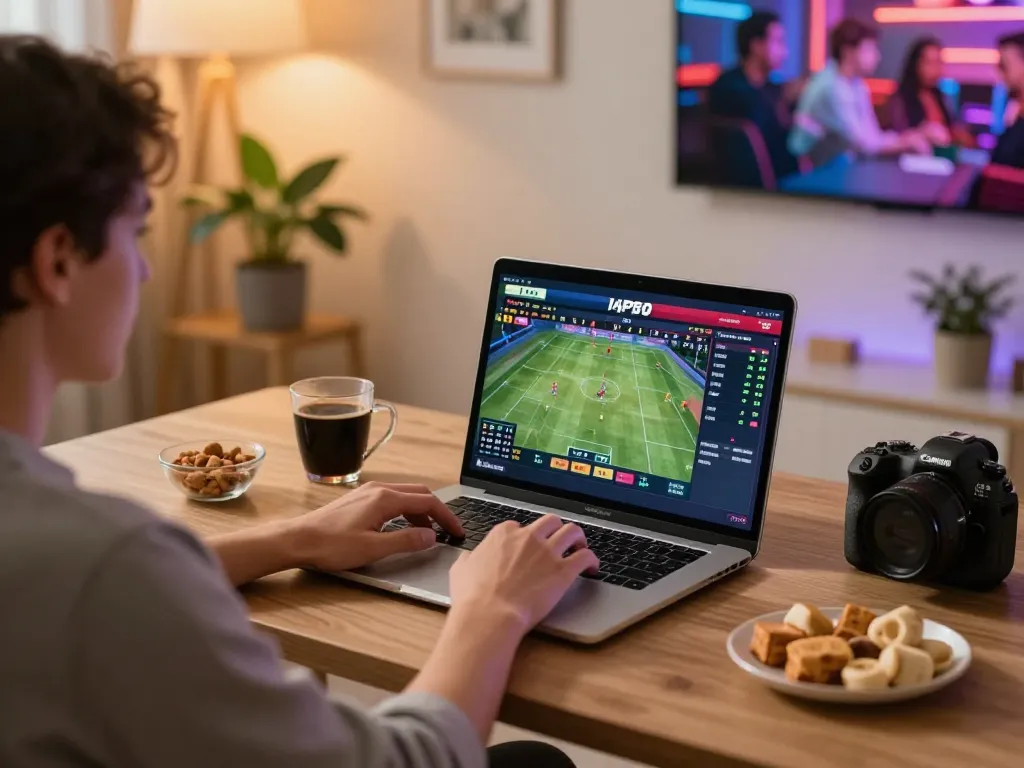 Experience live sports betting excitement at https://ck444s.net/ with a cozy home setup, laptop showing real-time odds.