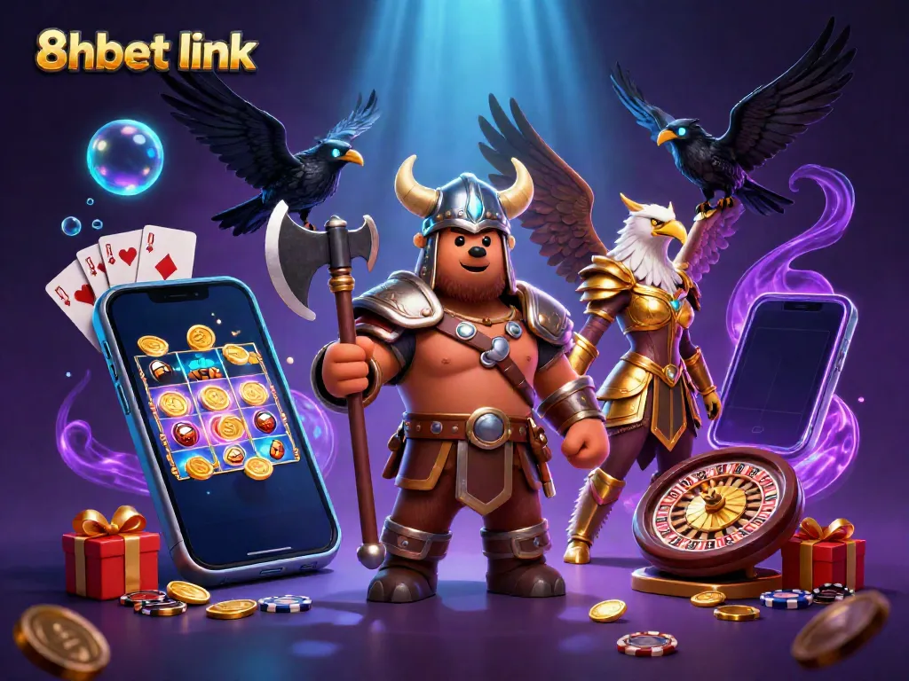 Experience dynamic gaming action with 8xbet link, featuring exciting characters and vibrant casino elements.