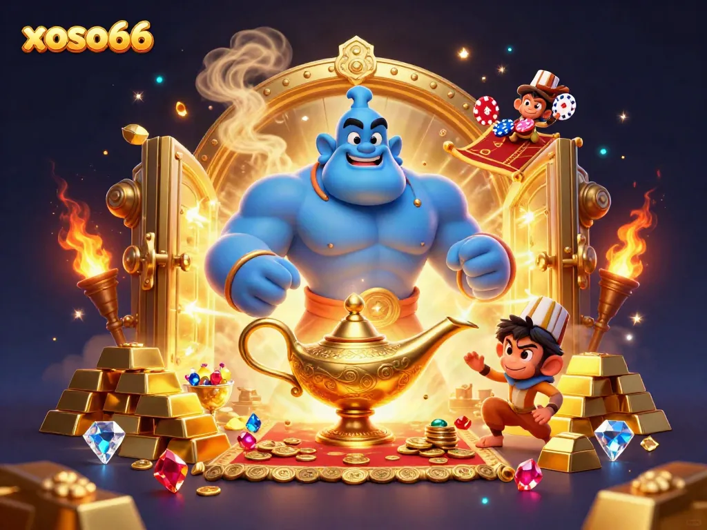 Experience the thrill of xoso66 with a vibrant genie and magical treasures in a 3D illustration.