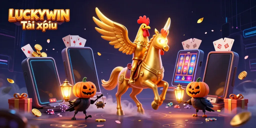 Experience thrilling action with LUCKYWIN Tài xỉu as golden characters ride through a vibrant casino!