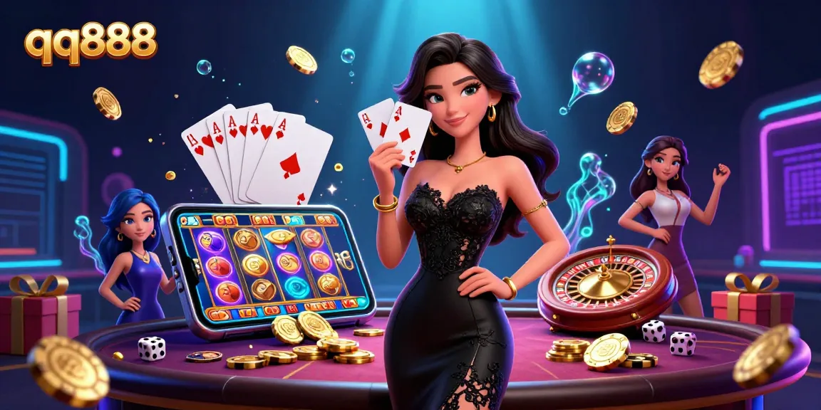 Gire os rolos com qq888 em uma ilustração de cassino envolvente mostrando elementos vibrantes de jogos.