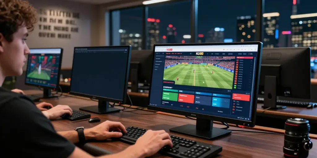 Player engaging in live betting on KU88 website, showcasing excitement in an urban setting.