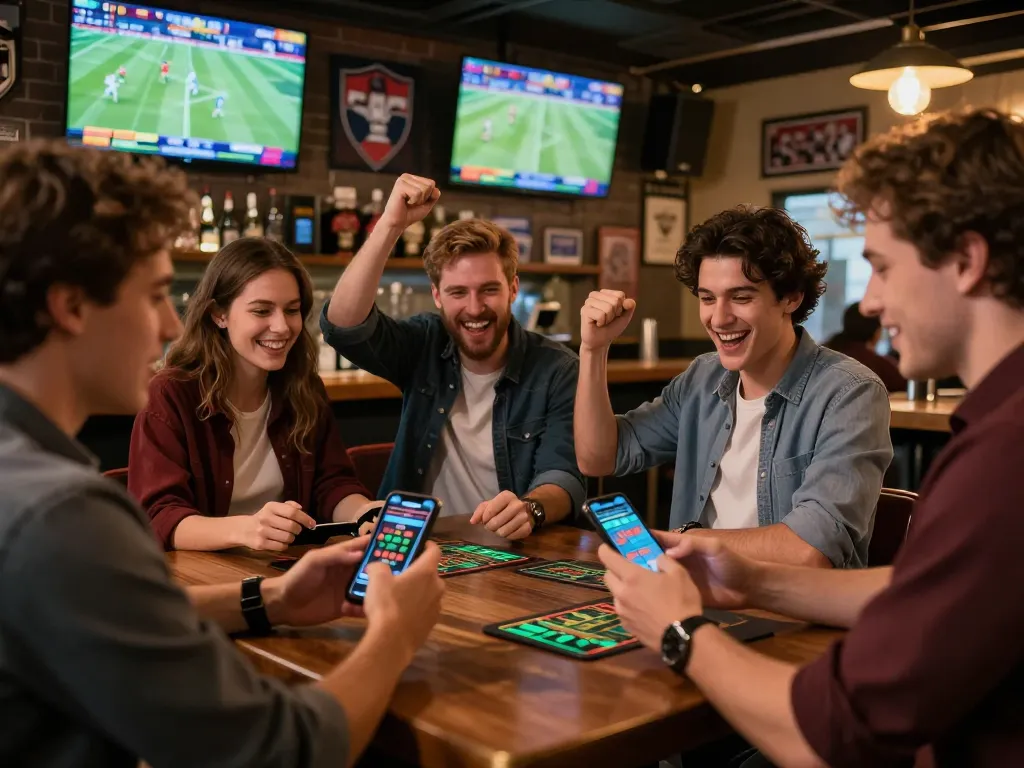 Um grupo de amigos se divertindo com apostas em esportes em seus smartphones no bar, interagindo com os recursos empolgantes da 887bet.