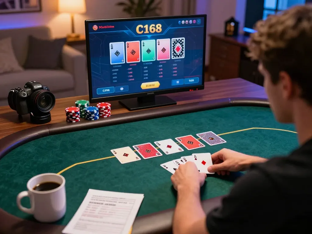 C168 online poker player strategizing with colorful cards and chips in a cozy home setting