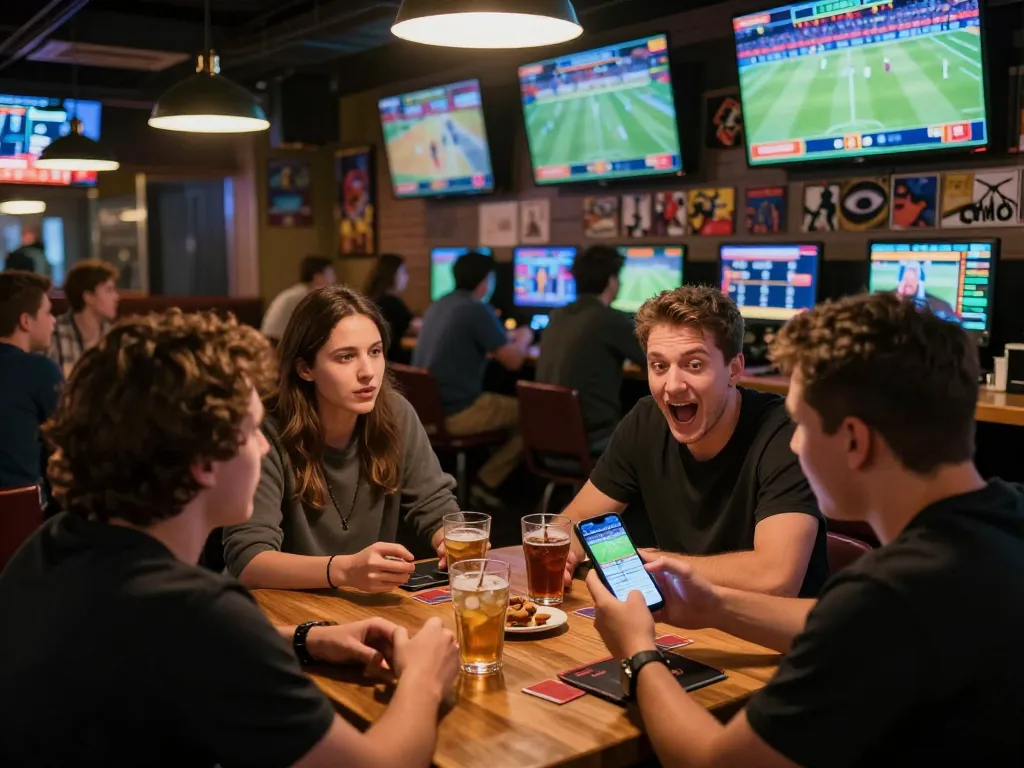Excited patrons placing bets on net88 app in a vibrant sports bar environment.