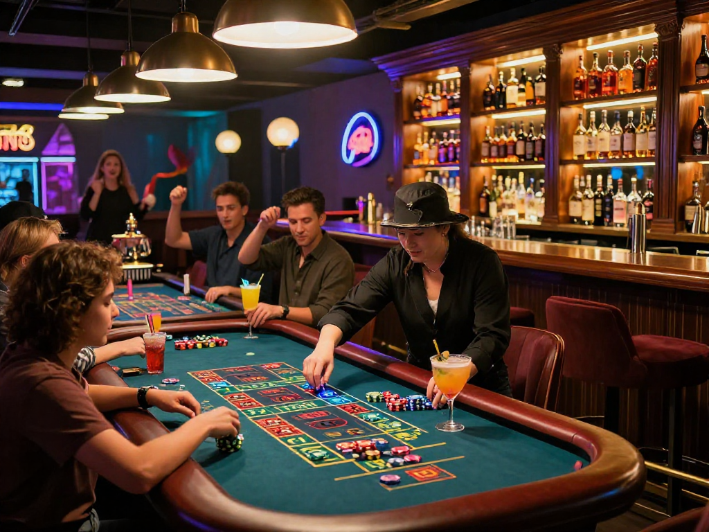 Exciting gaming scene at vin88 casino with players enjoying roulette and cocktails.