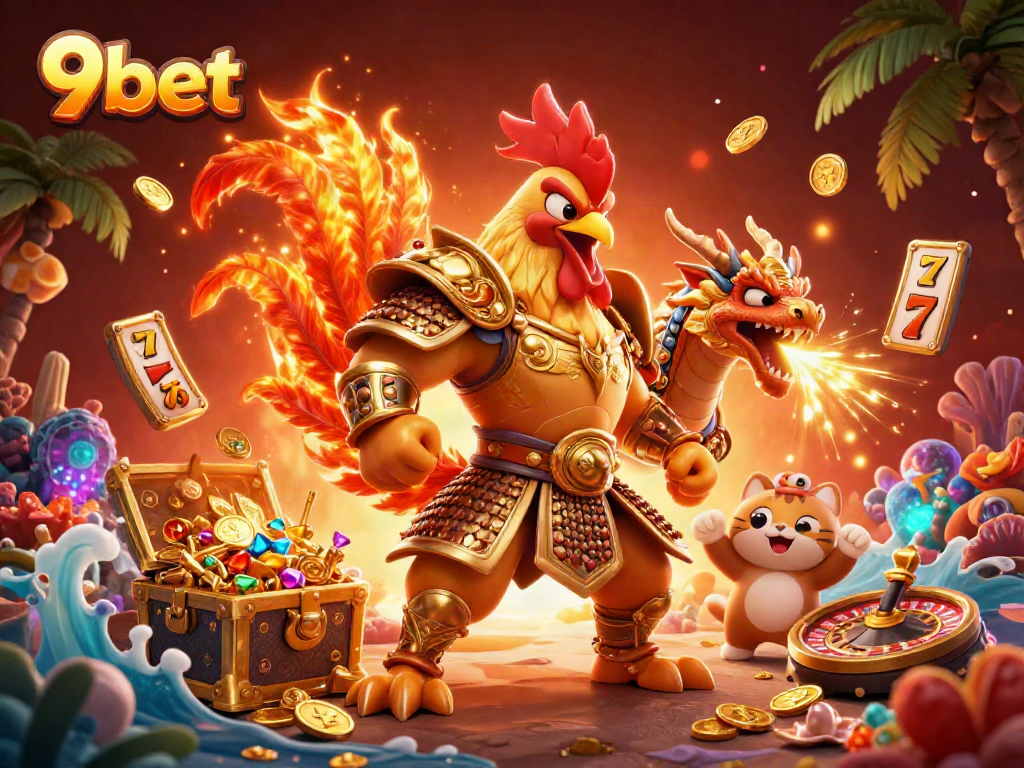 Engage in thrilling 9bet adventures with a samurai rooster and dragon in a vibrant online casino scene.