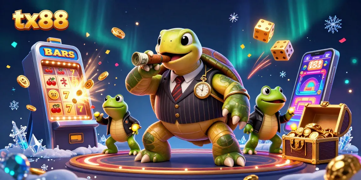 Experience winning excitement with tx88 as a snapping turtle and bullfrog enforcers illuminate a vibrant casino.