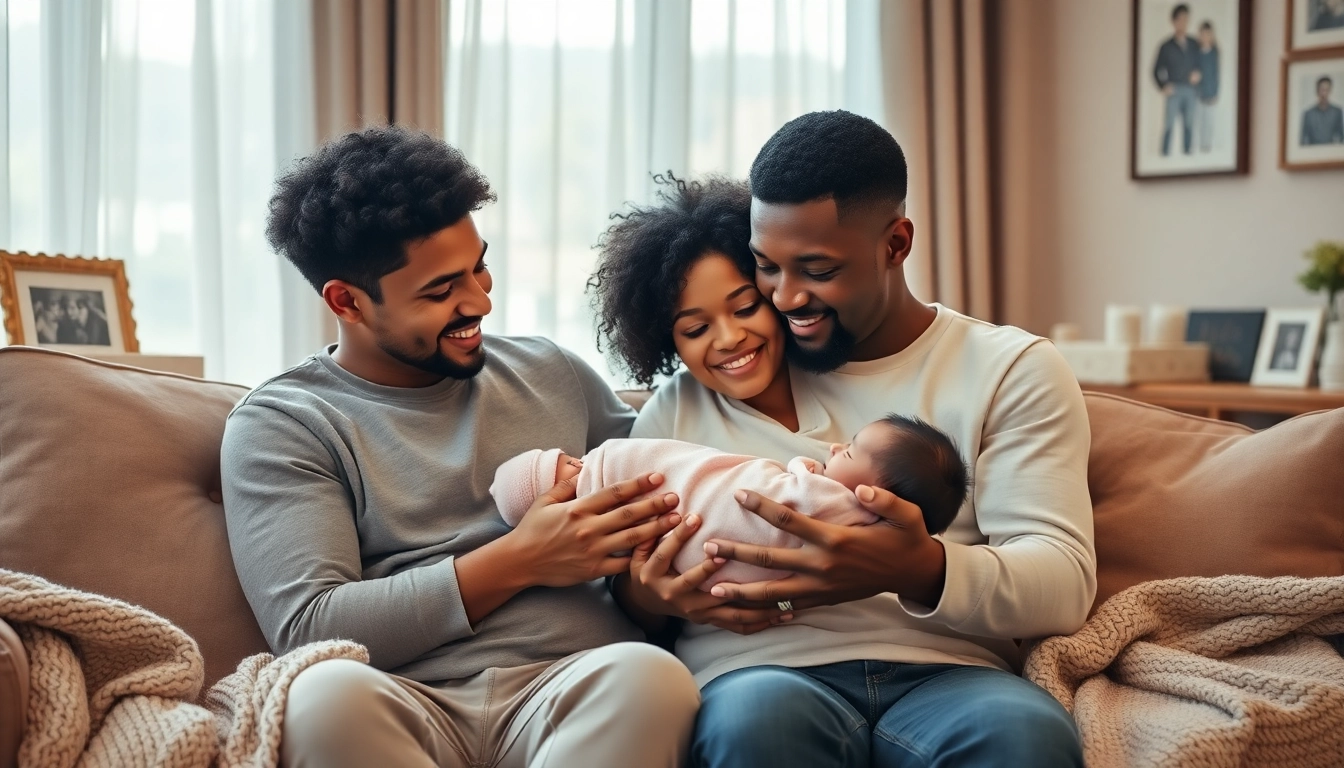 Family with new bornbaby joyfully cradling their child in a cozy living room.