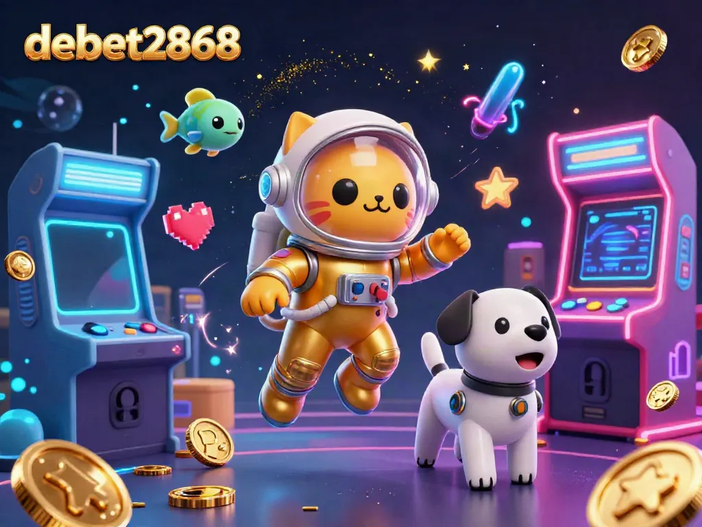 Experience the thrilling gaming adventure with debet2868, where a golden space cat and rocket dog encounter vibrant games.