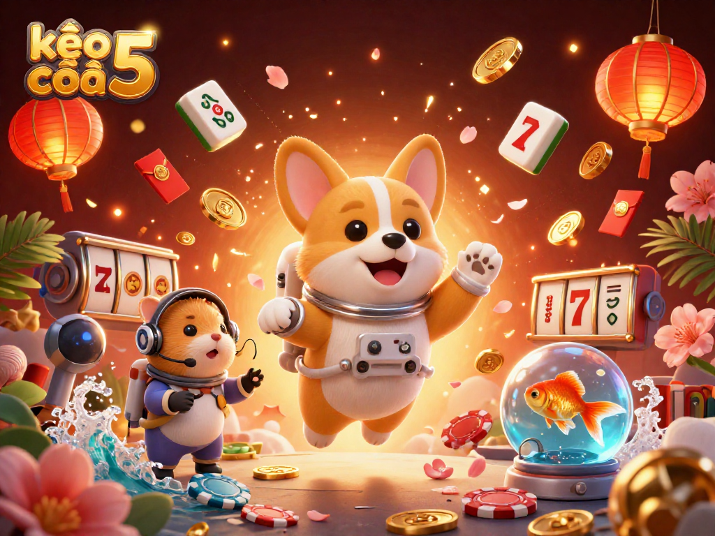 Engage with kèo nhà cái 5 in a vibrant casino scene featuring a cartoon astronaut corgi and dynamic game elements.
