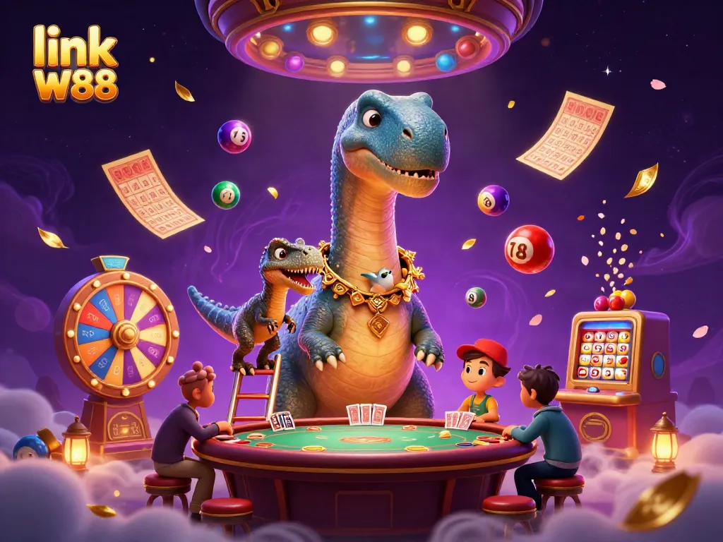 Experience excitement at link W88 with colorful lottery balls and a unique casino scene.