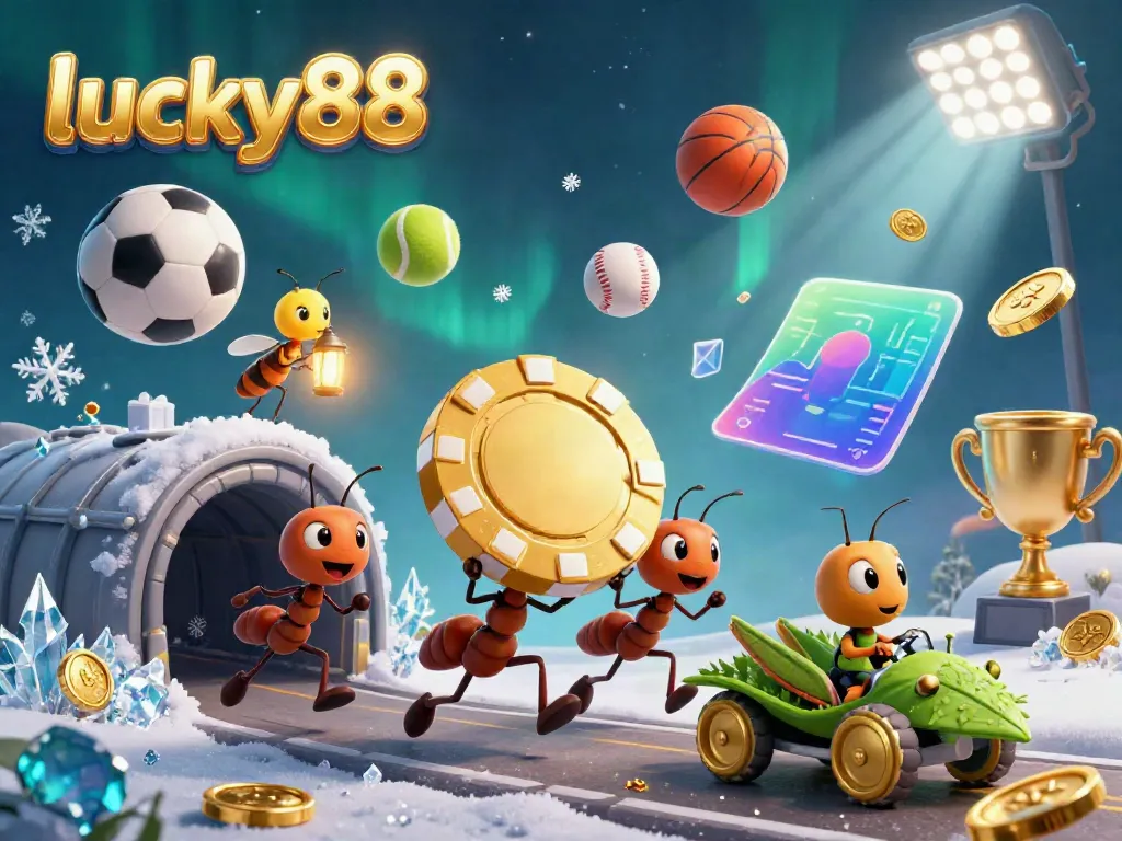 Experience the thrilling adventure of lucky88 as cartoon ants execute a heist with a giant poker chip amidst dynamic sports elements.