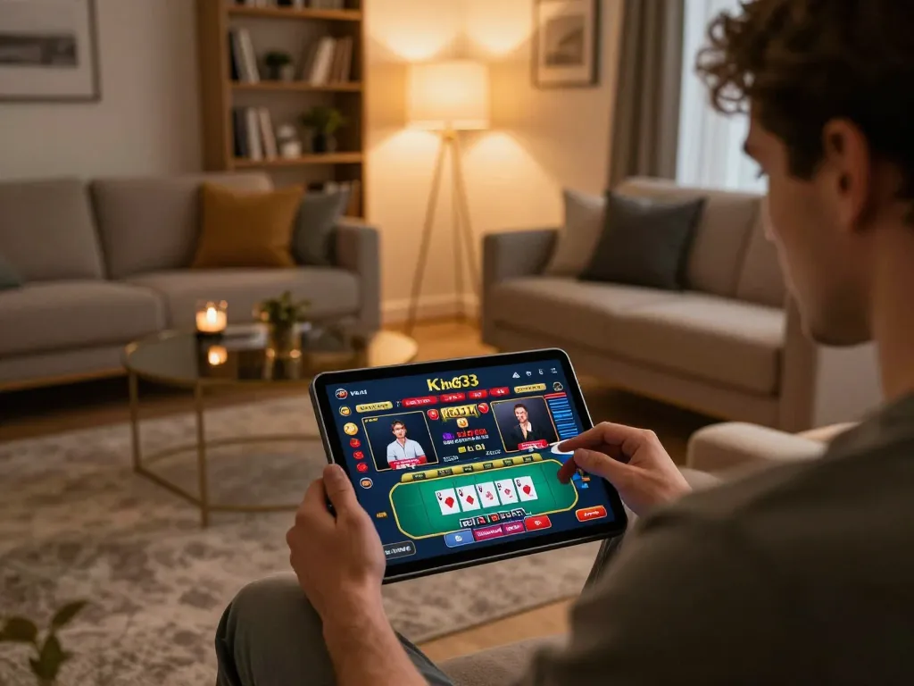 Engaging with king33 casino app on tablet, showcasing live dealer gameplay in a cozy home setting