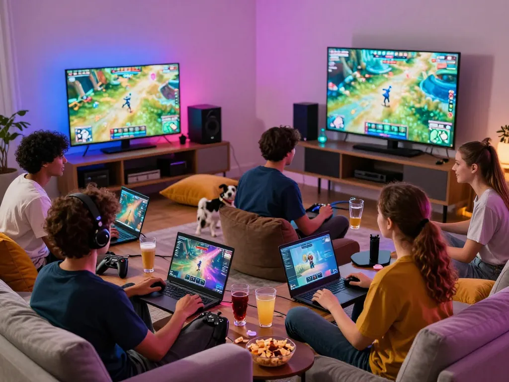 Friends playing on the HH55 gaming platform with snacks and vibrant lighting.