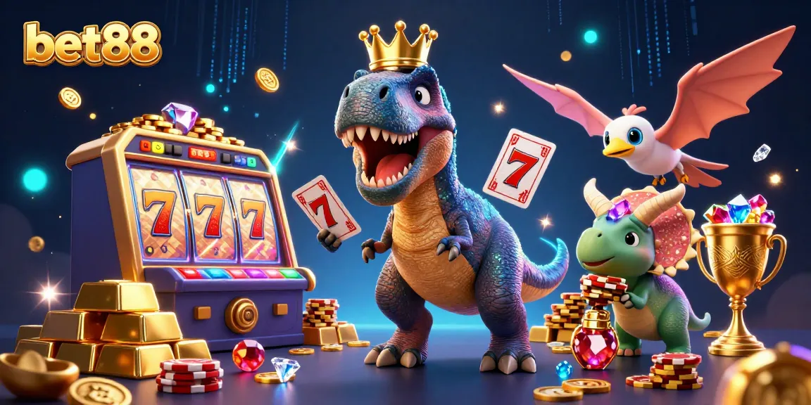 Experience the magic of bet88 with a T-Rex shuffling cards and casino treasures.