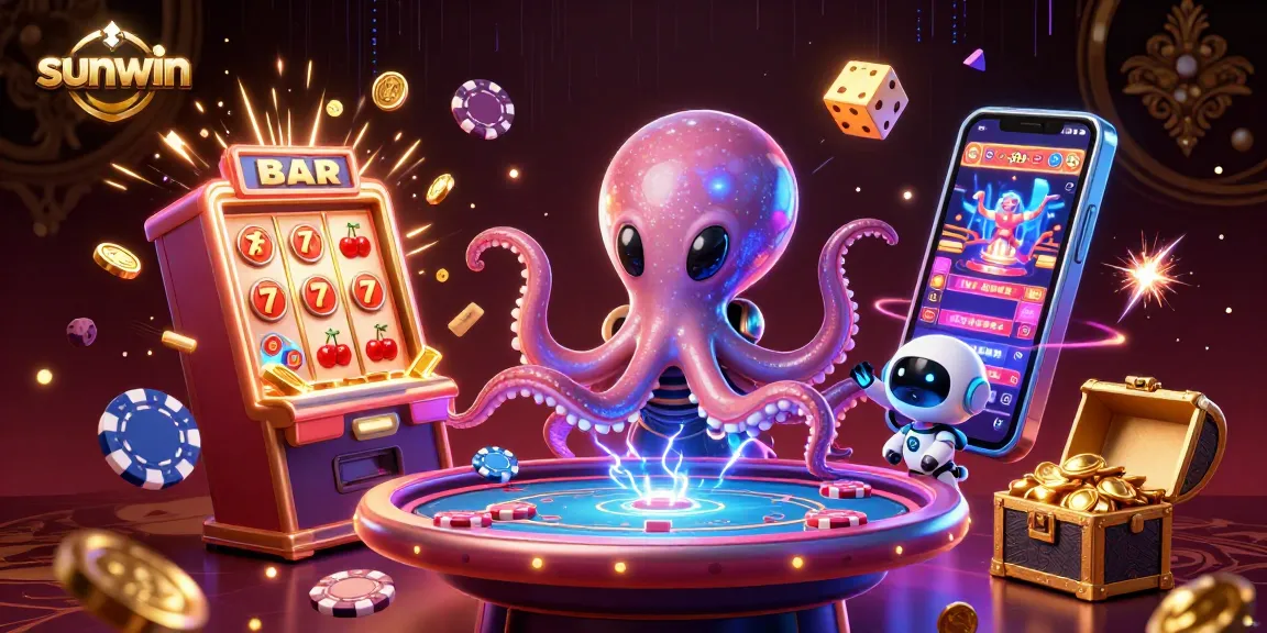 Experience thrilling games at Sunwin with an octopus playing poker and jackpot symbols swirling.
