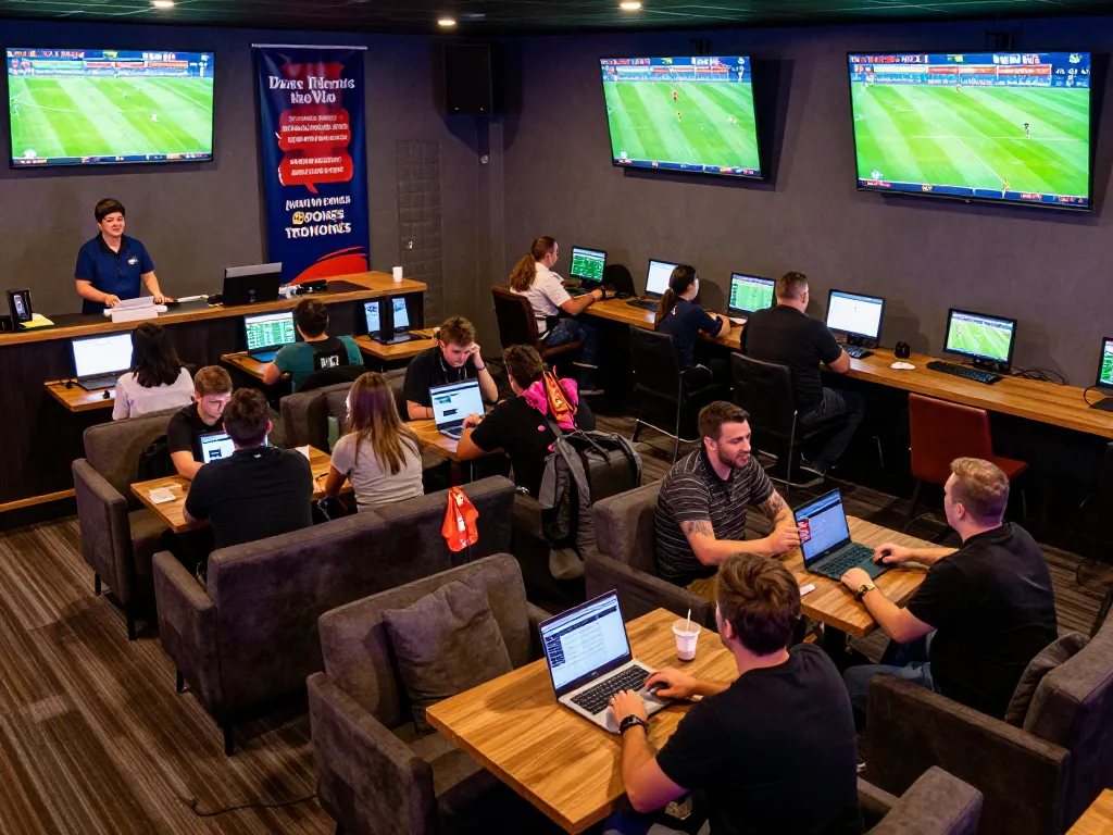 Socolive sports betting lounge with live matches and enthusiastic bettors analyzing odds