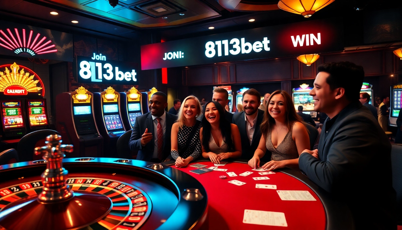 Apostadores aproveitando a experiência emocionante no cassino 813bet com mesas de roleta e pôquer.