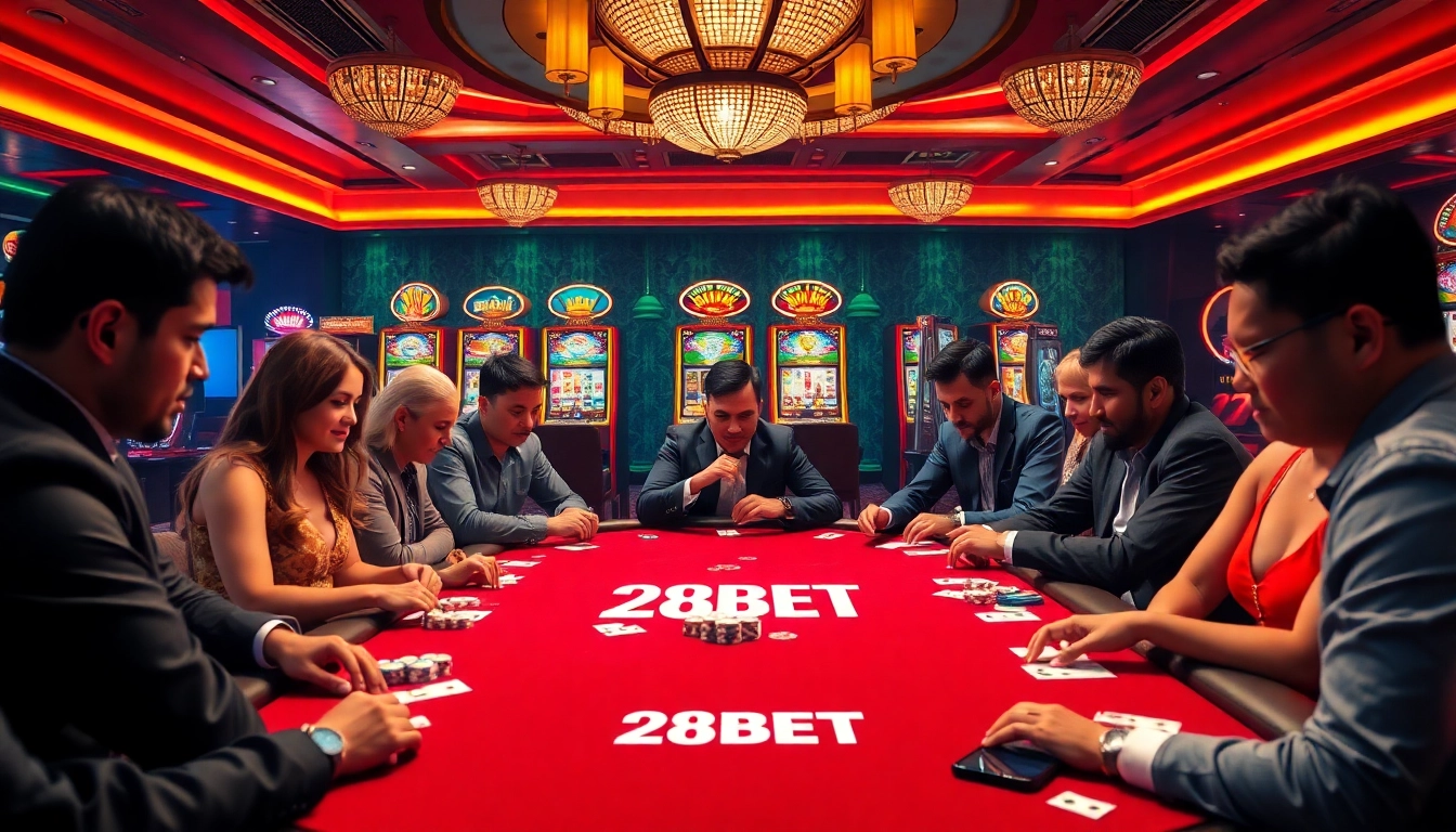 Players engaged in a thrilling game at 28BET casino table with vibrant poker chips and cards.