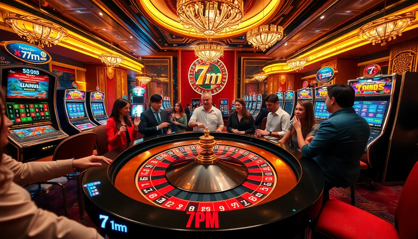 Excited players at a vibrant casino with the "7m" theme featuring roulette and slot machines.