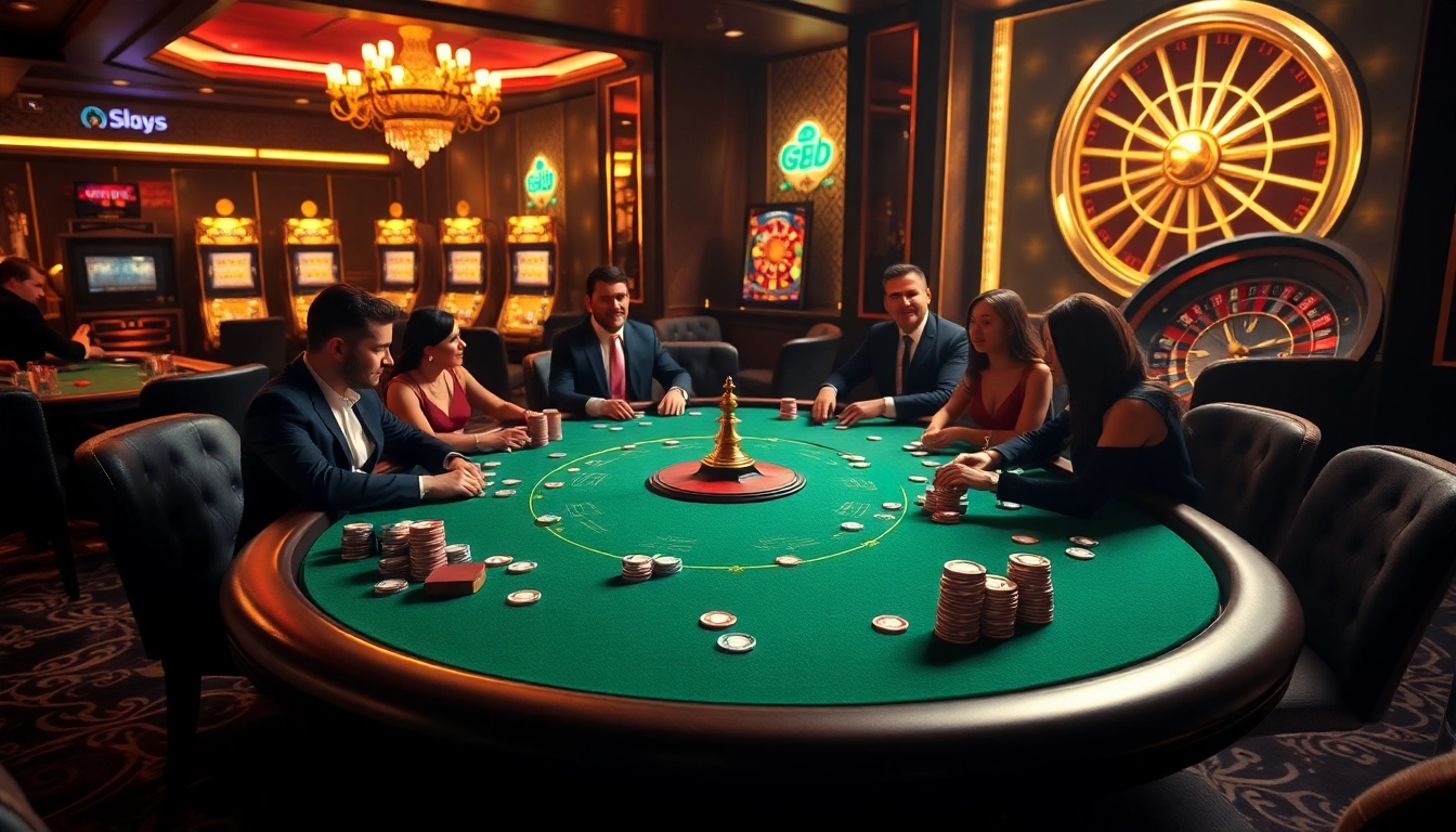 Players strategizing at a go8 casino poker table with glamorous ambiance and vivid slot machines.