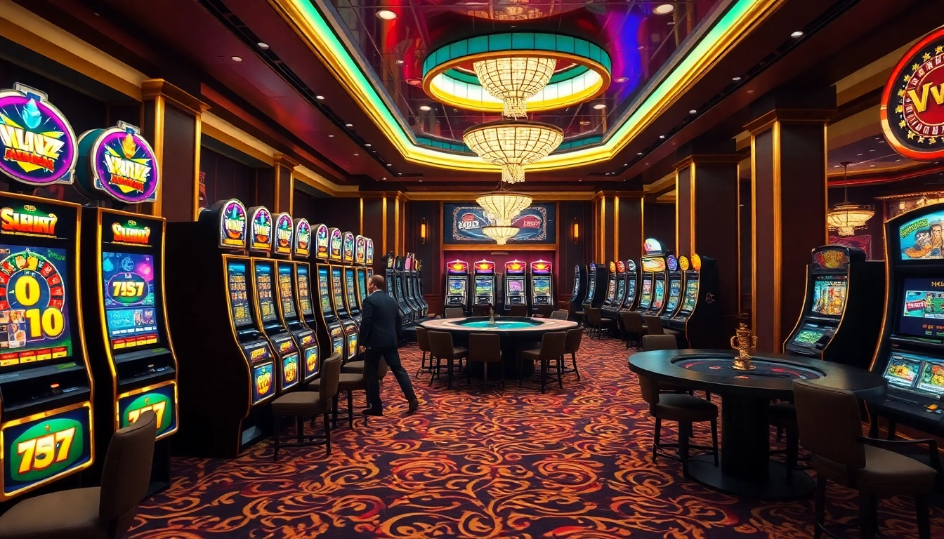 View of an extravagant casino with vibrant slot machines and joyful players at VSWIN.