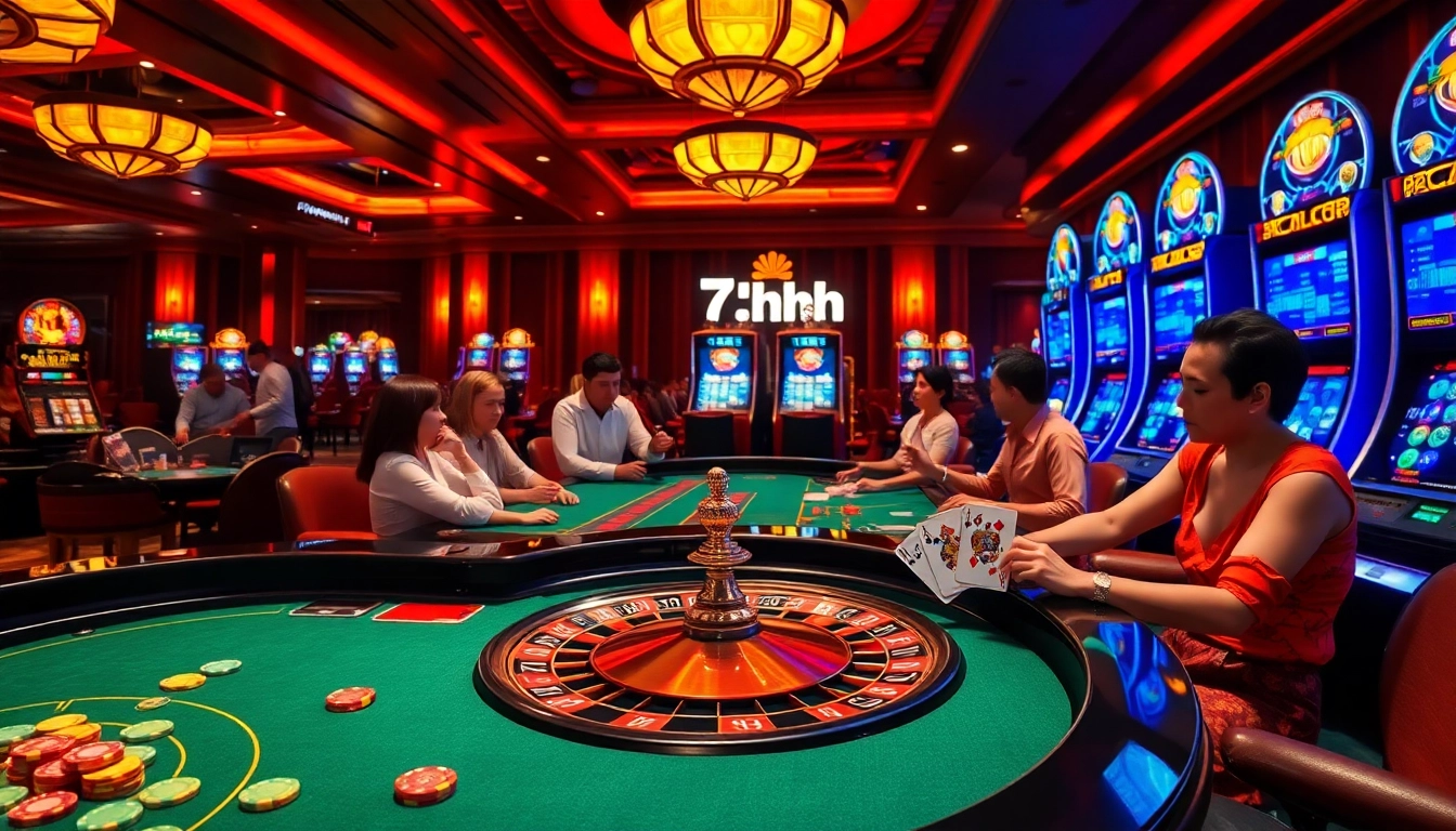 Experience the excitement of 7hh in a luxurious casino setting with roulette and poker.