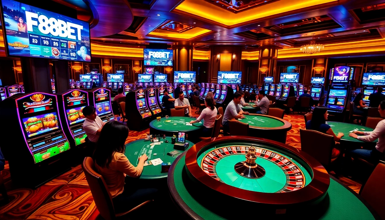 Experience excitement at F88BET with vibrant slot machines and professional gaming tables.