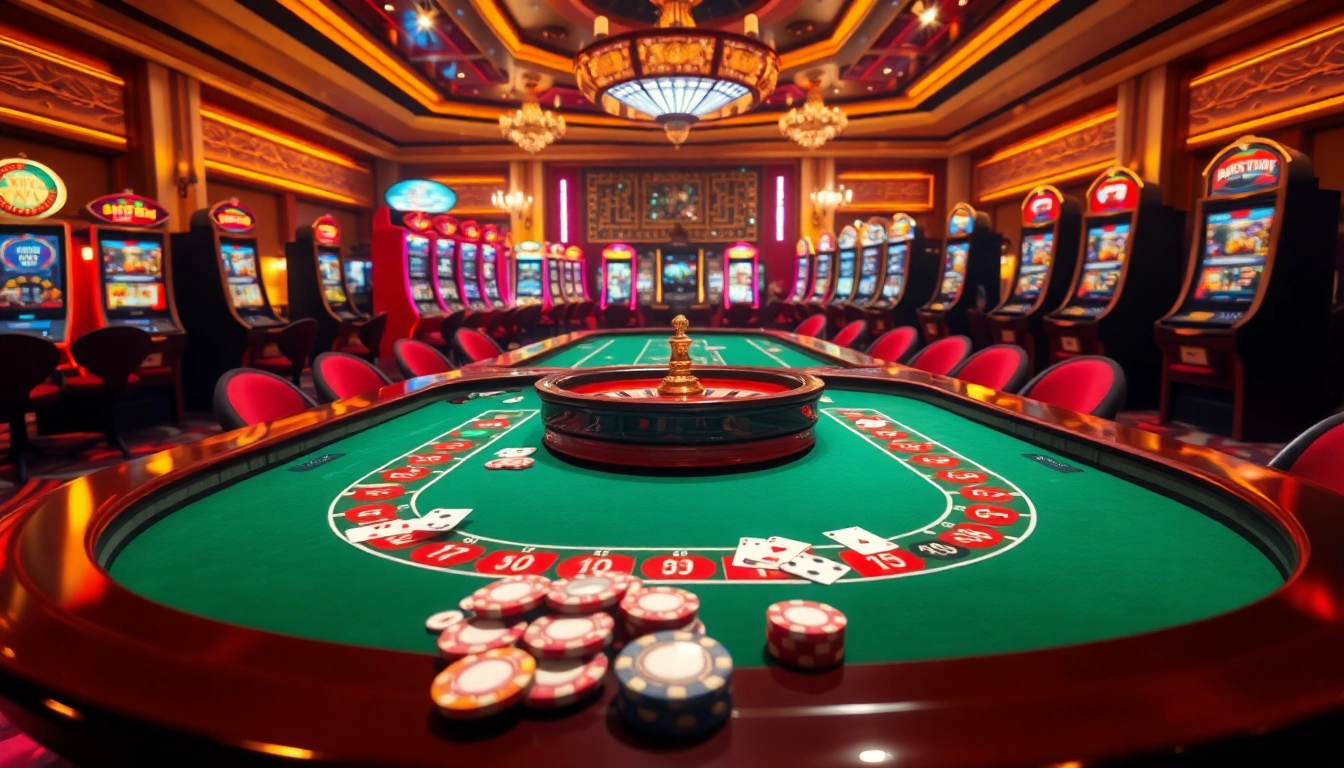 RR88 Casino scene with roulette and slot machines showcasing excitement and elegance