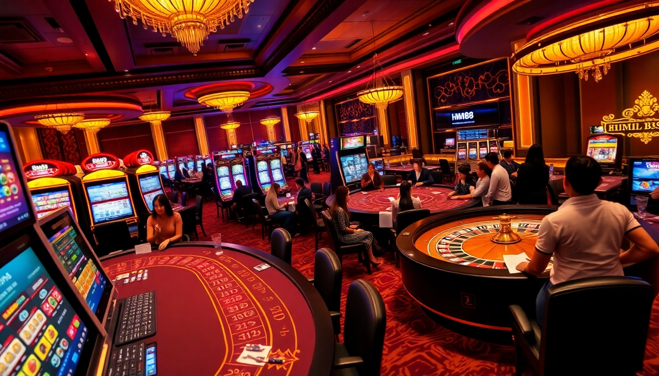 Engage in electrifying gameplay at HM88 casino with vibrant tables and slot machines.