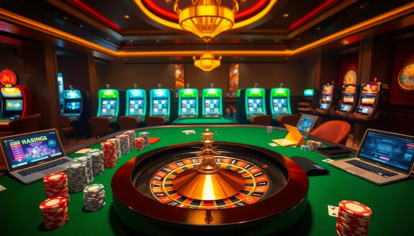 Sinta a emoção de apostar com aa888 em um cassino de luxo com roleta e fichas de poker.