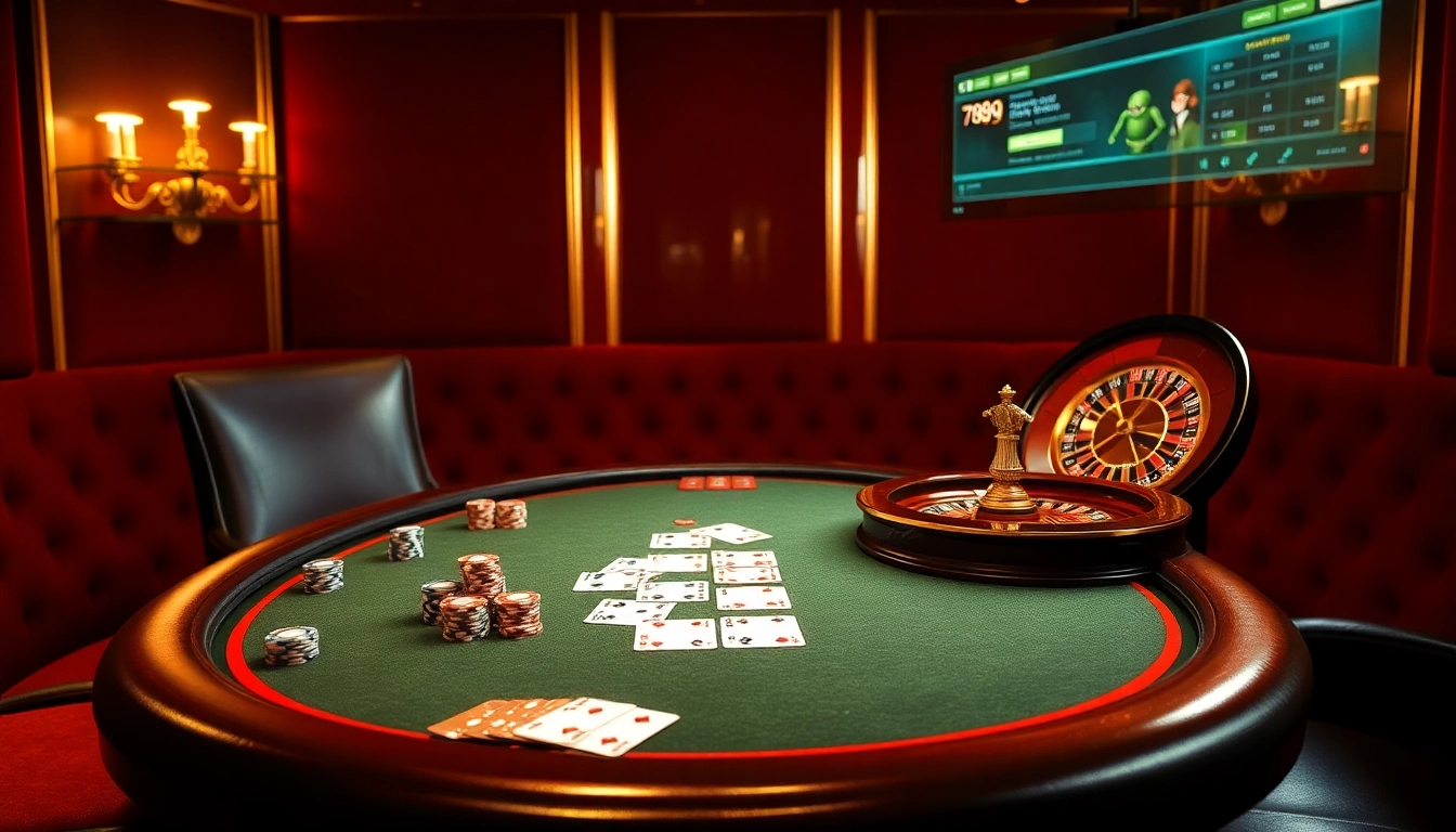 Engaging casino scene featuring poker chips, cards, and a roulette wheel for 789f enthusiasts.