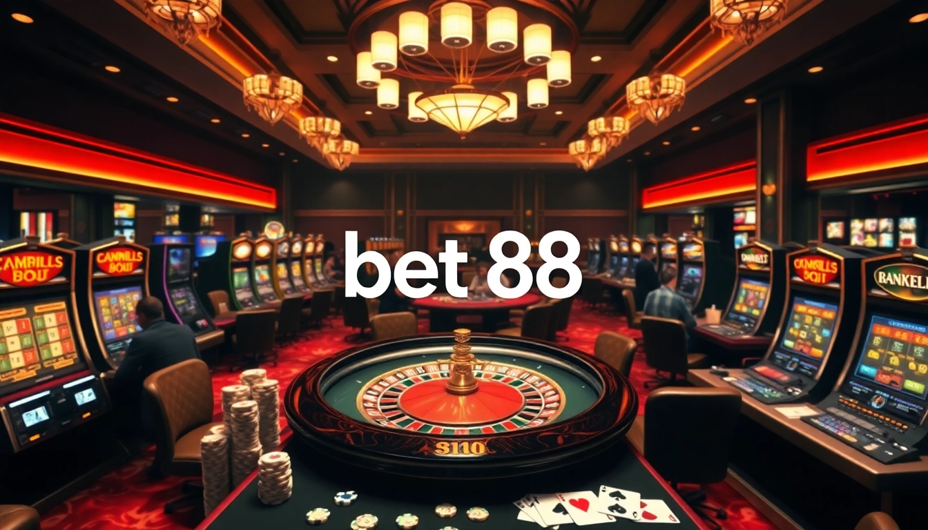Exciting casino experience at bet 88 with roulette table and slot machines.