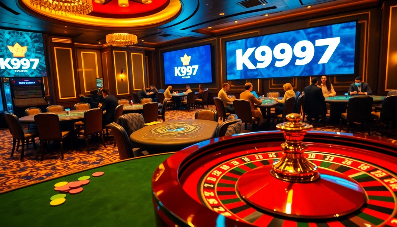 Área de jogos K997 com uma roleta giratória e ambiente de cassino vibrante