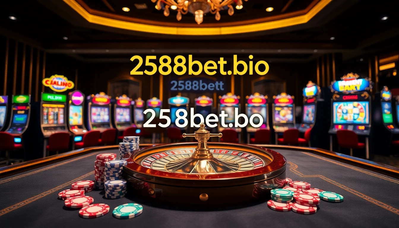 Engage in thrilling gameplay at 258bet.bio with vibrant casino tables, chips, and exciting slot machines.