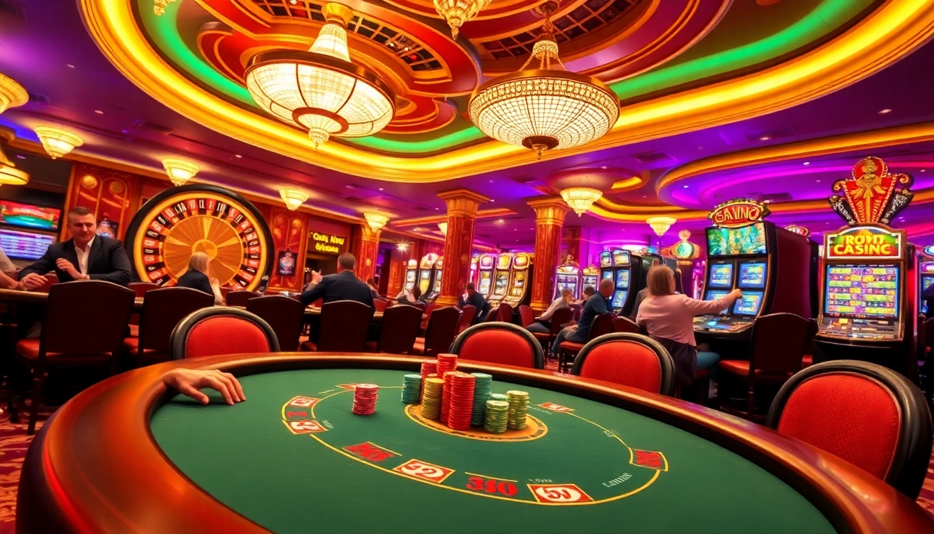 Exciting gambling scene at mb66 casino with players at poker and roulette tables.